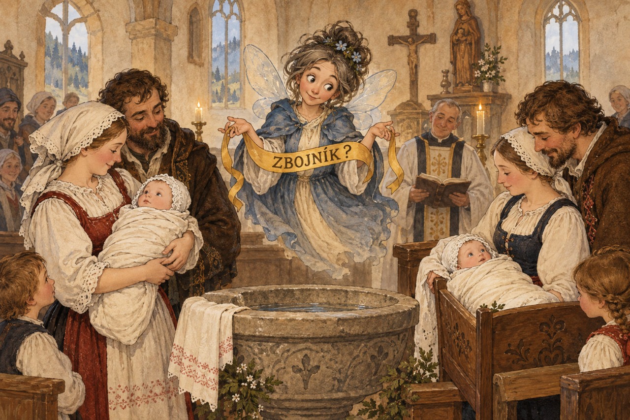 Ilustrace: sudička drží nápis Zbojník? mezi dvěma nemluvňaty a neví, kterému jej přisoudit.